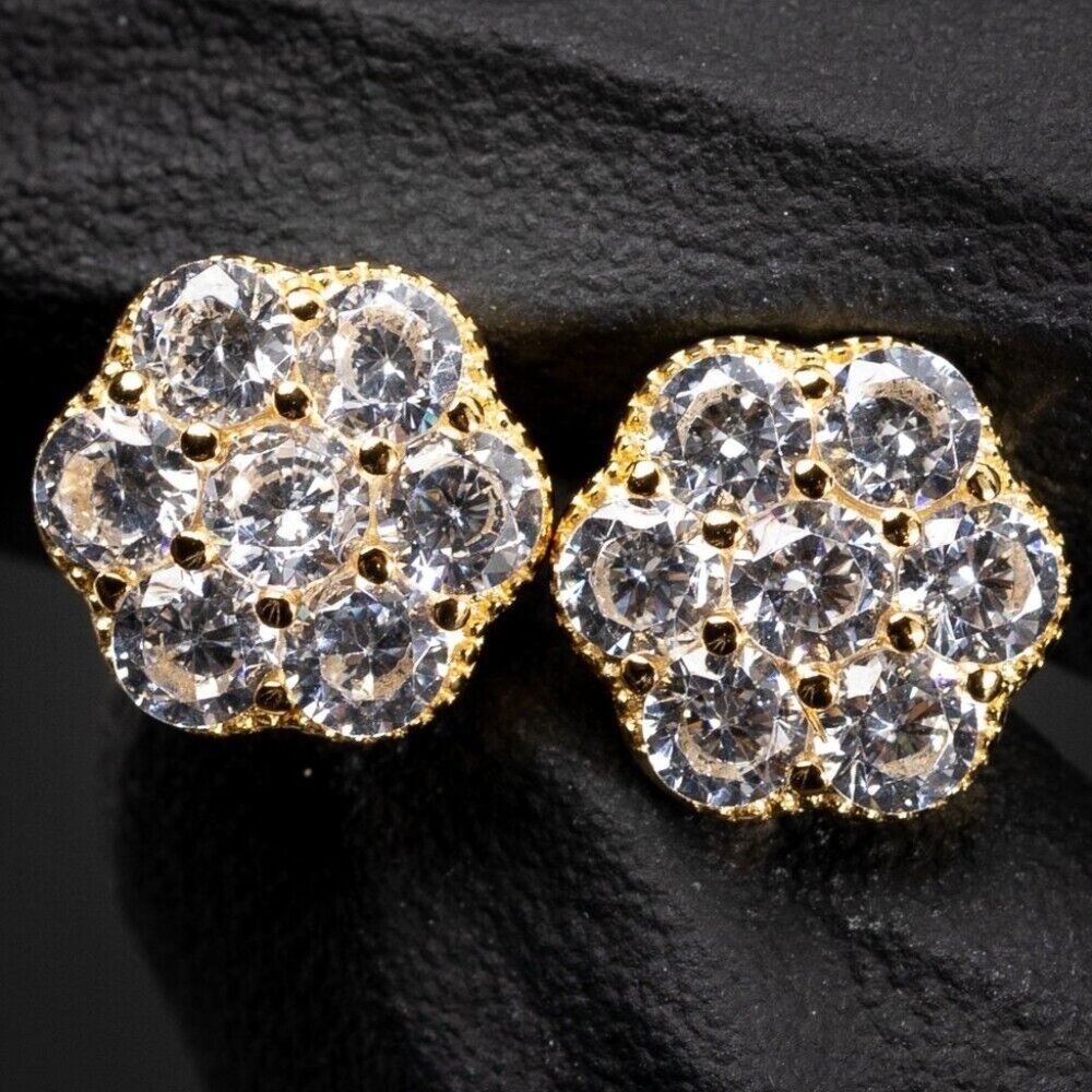 Flower Cluster Brilliant Iced Cz Yellow Gold 925 Sterling Silver Stud Earrings